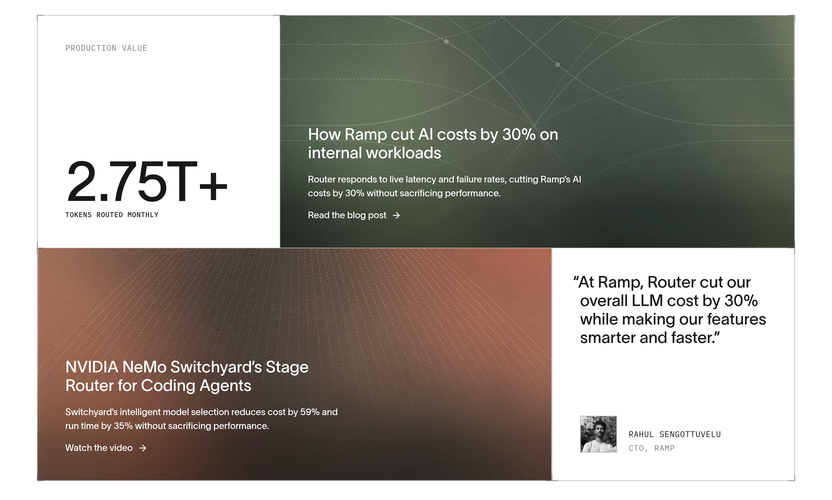 Router by Ramp case-studies section with 2.75T+ metric, two gradient story cards, and a Ramp CTO quote