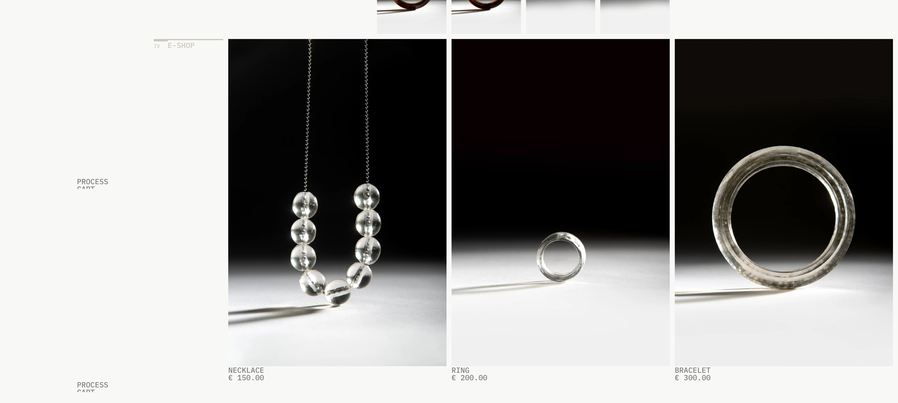 Phylactère Capillaire e-shop with necklace, ring, and bracelet studio photos priced at €150, €200, and €300.