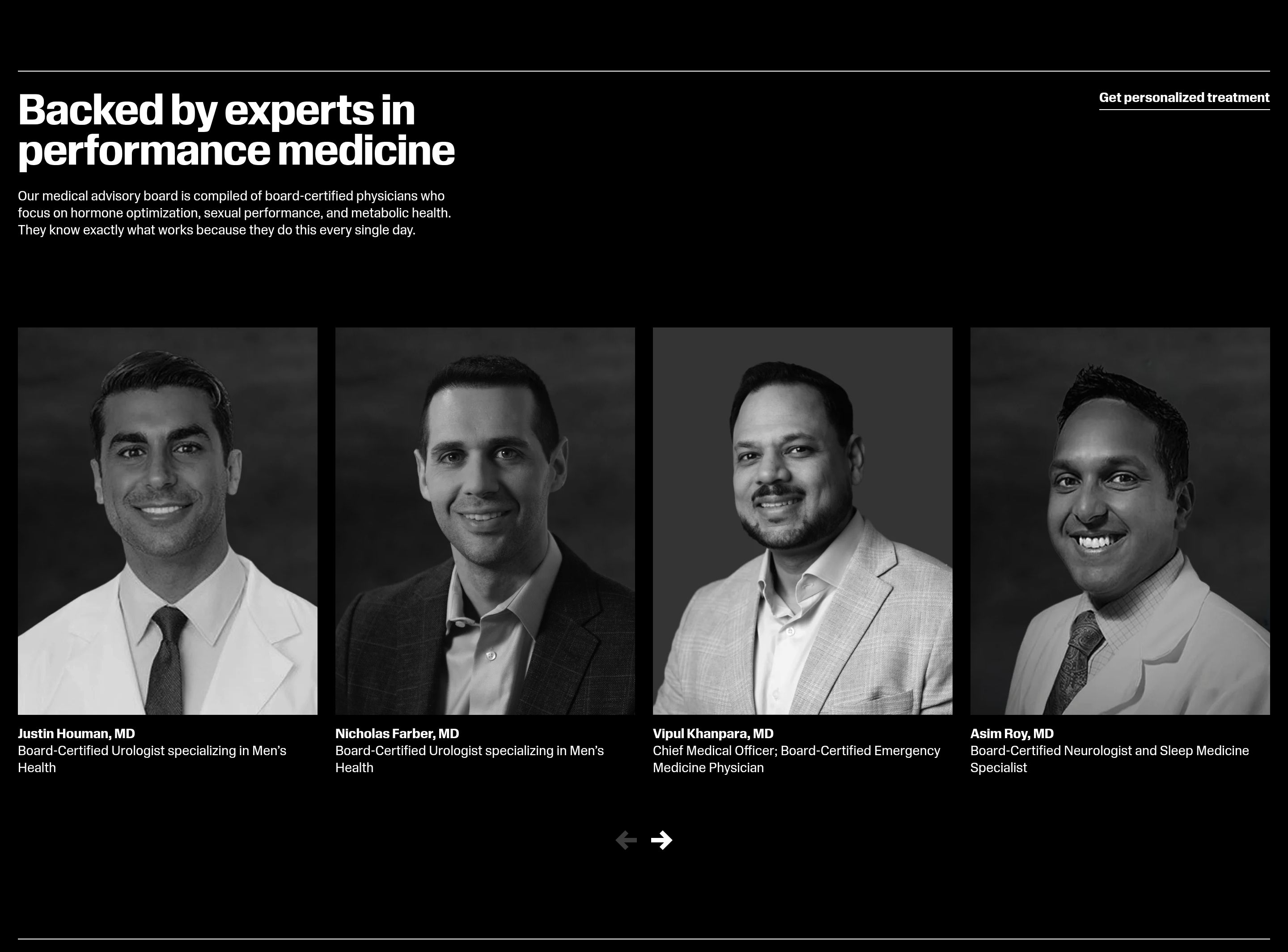 Rugiet medical advisory team section with four black-and-white doctor portraits and credentials on black