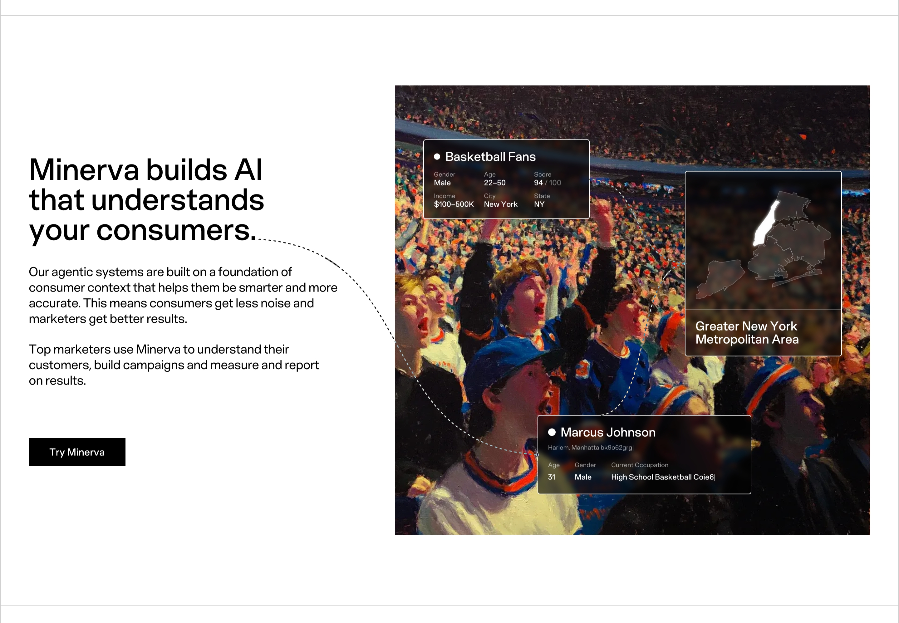 Minerva feature: AI headline and Try button beside a crowd photo with fans, NYC map, and profile cards.
