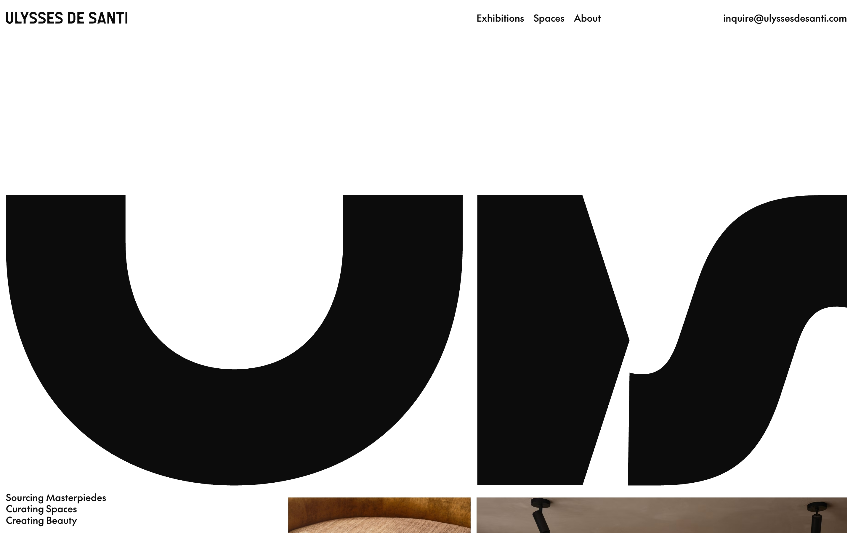 Ulysses de Santi hero with top nav, giant black UDS letters, tagline, and two interior photo crops