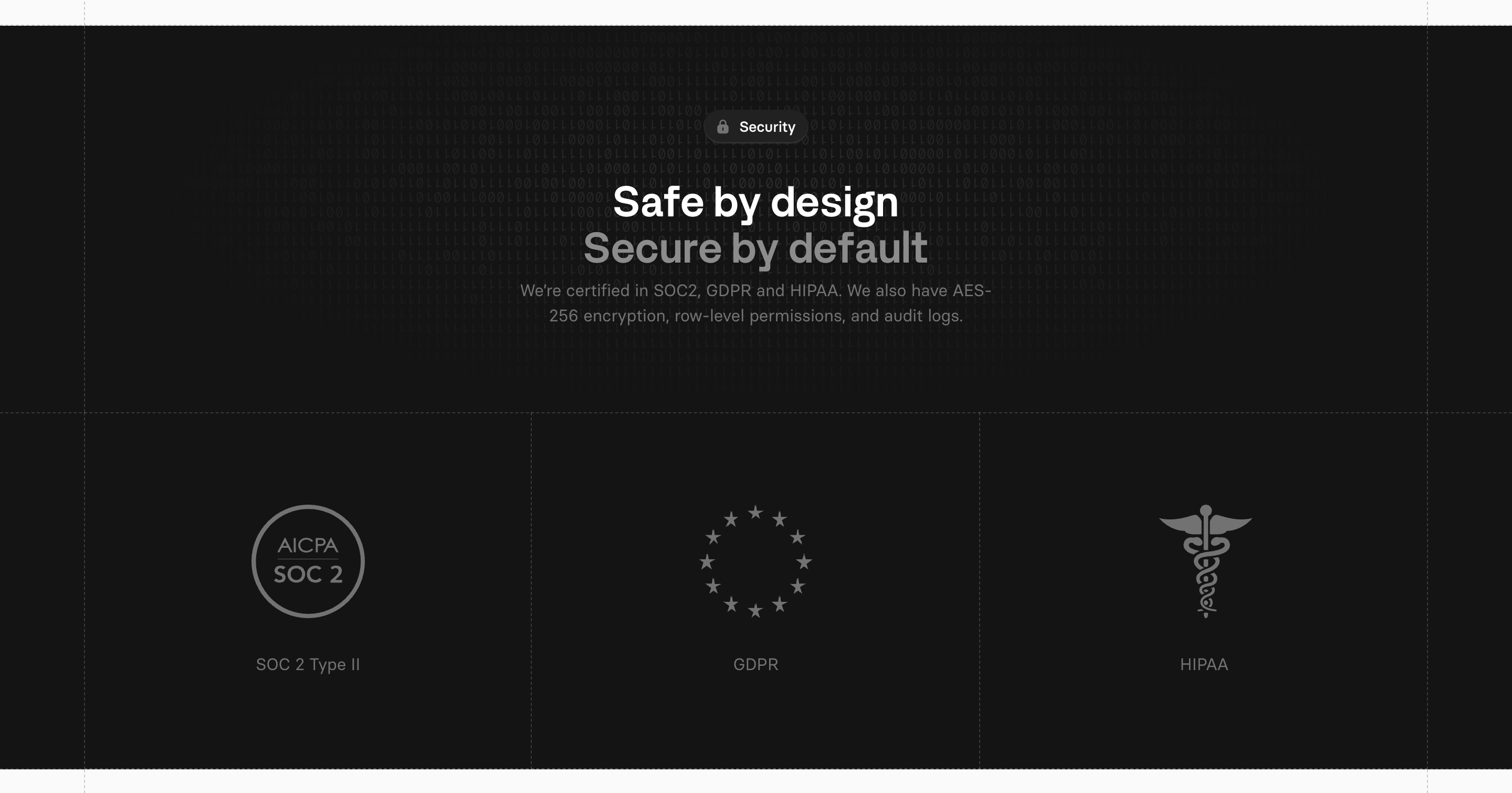 Mora security section: dark binary backdrop, Safe by design headline, and SOC 2, GDPR, HIPAA badges.