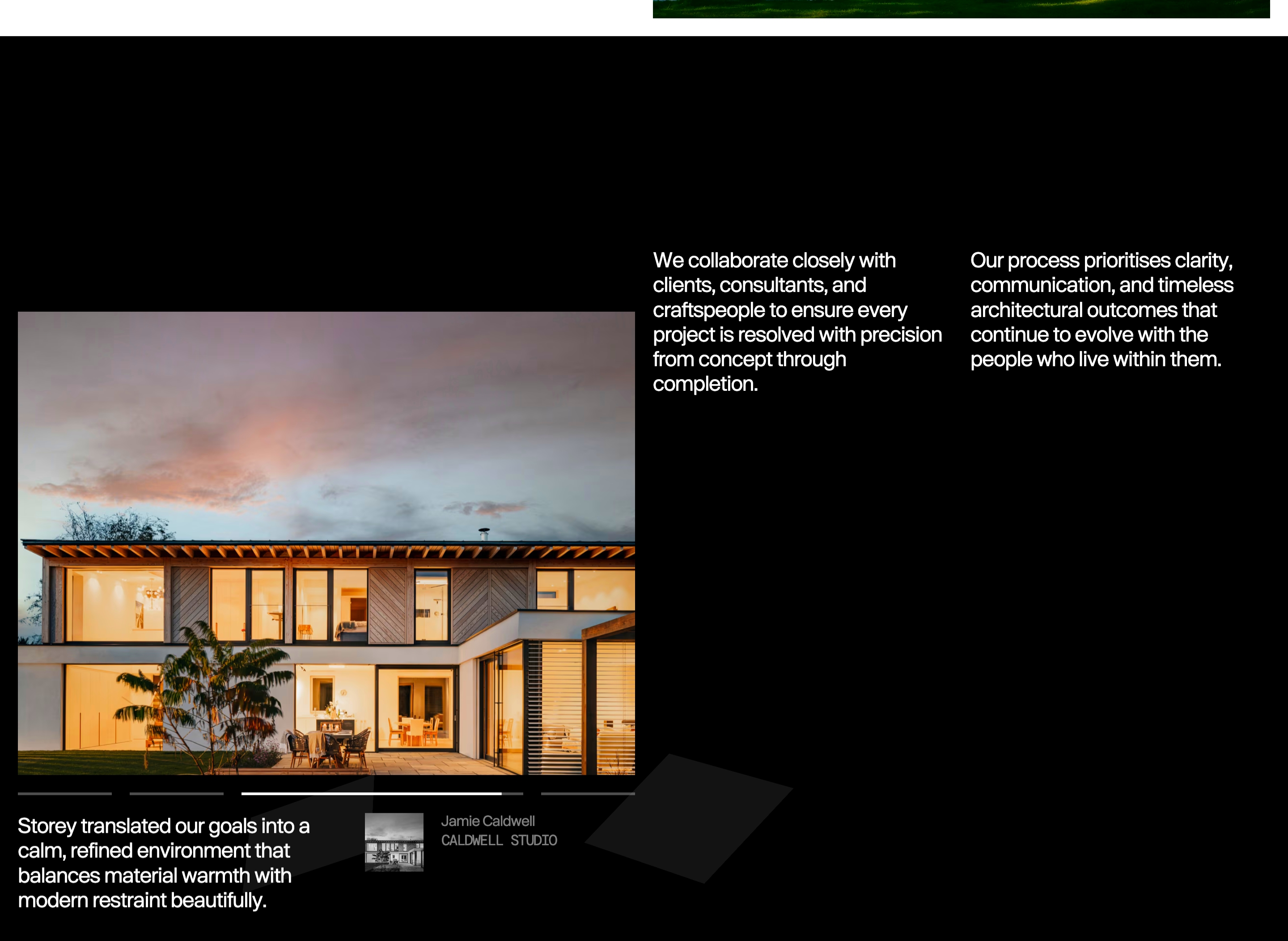 Storey testimonial section with dusk house photo, process copy, and Jamie Caldwell quote on black