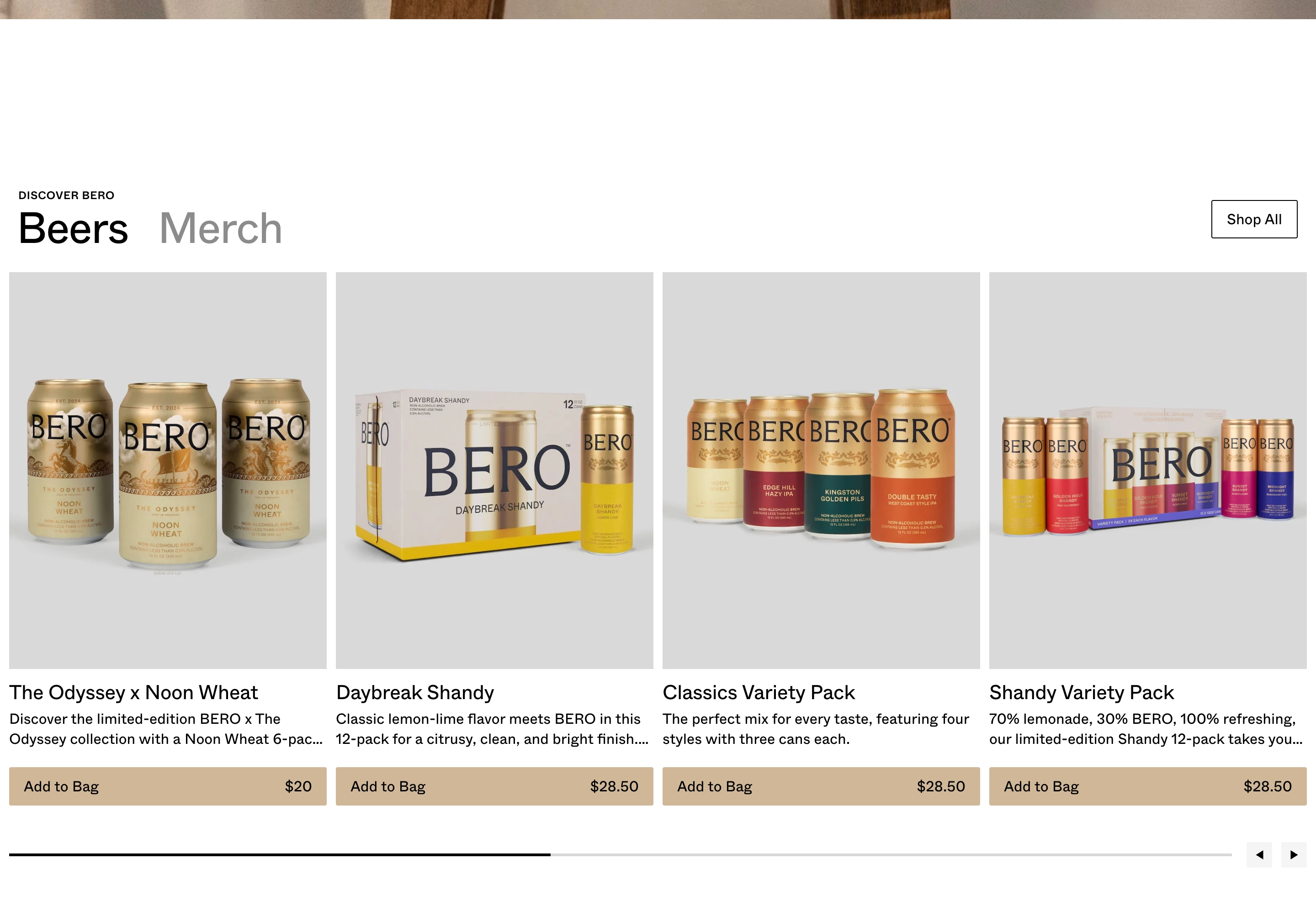 Bero product showcase section showing four beer packs, Beers and Merch labels, and Add to Bag prices