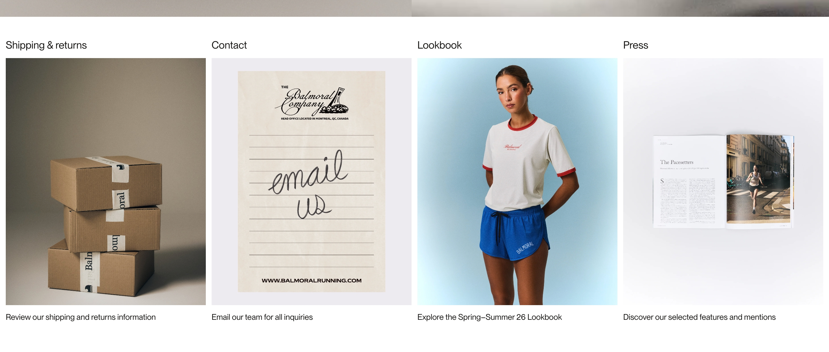 Balmoral Running resource links grid with shipping boxes, a contact letter, a lookbook model, and a press spread.