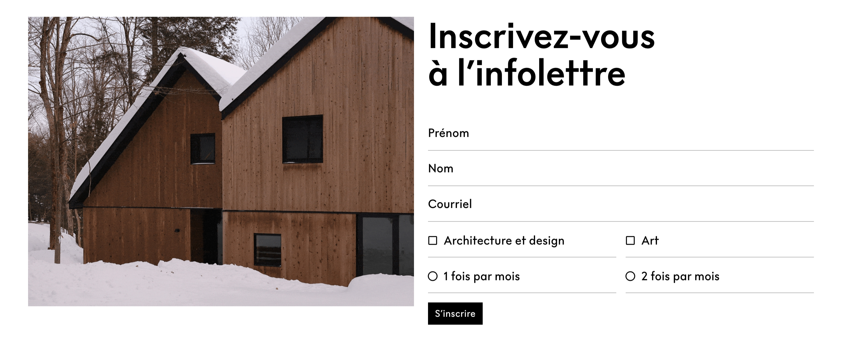 Ligne newsletter section with snowy wooden house photo and form for name, email, topics, frequency.