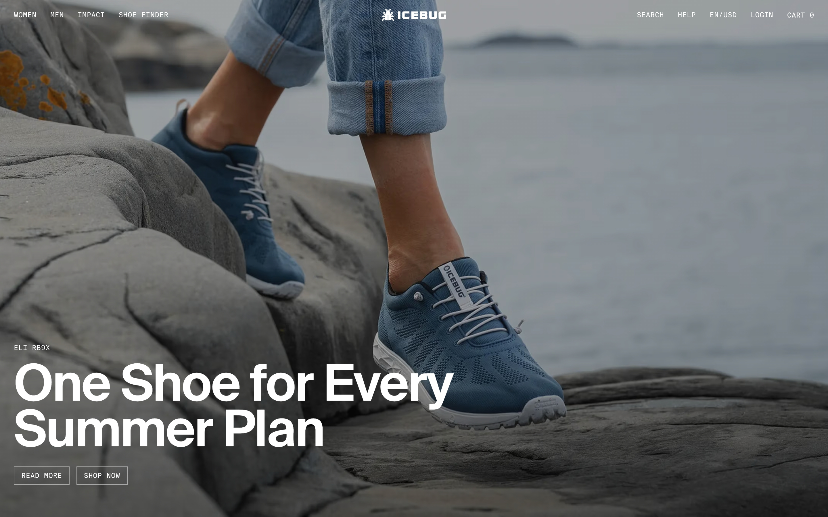 Icebug hero: blue trail shoes on coastal rocks, oversized summer headline, and two outline buttons