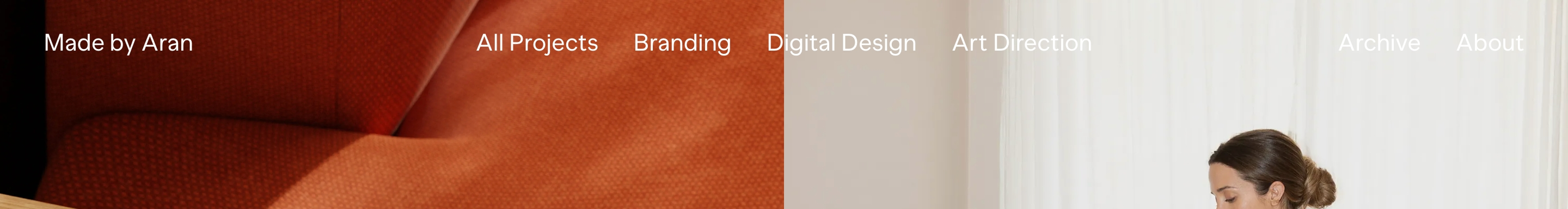 Made by Aran header with white nav over a split photo of rust fabric and a woman by curtains