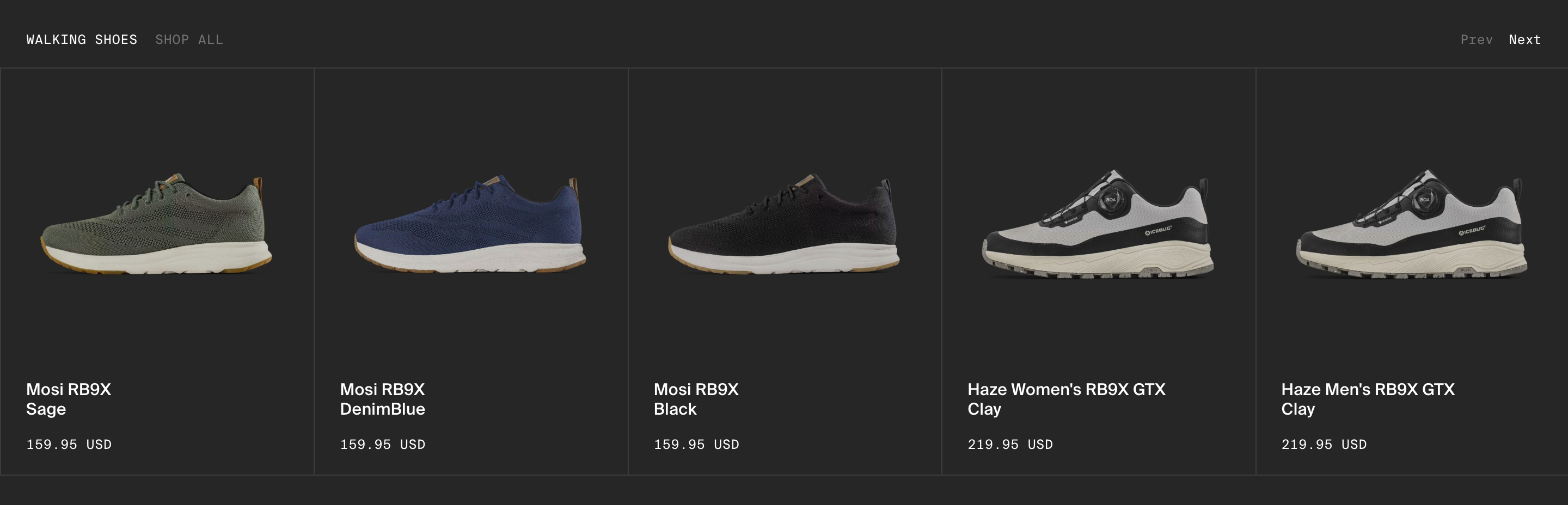 Icebug walking-shoes gallery with five sneakers, names, and USD prices on a dark grid