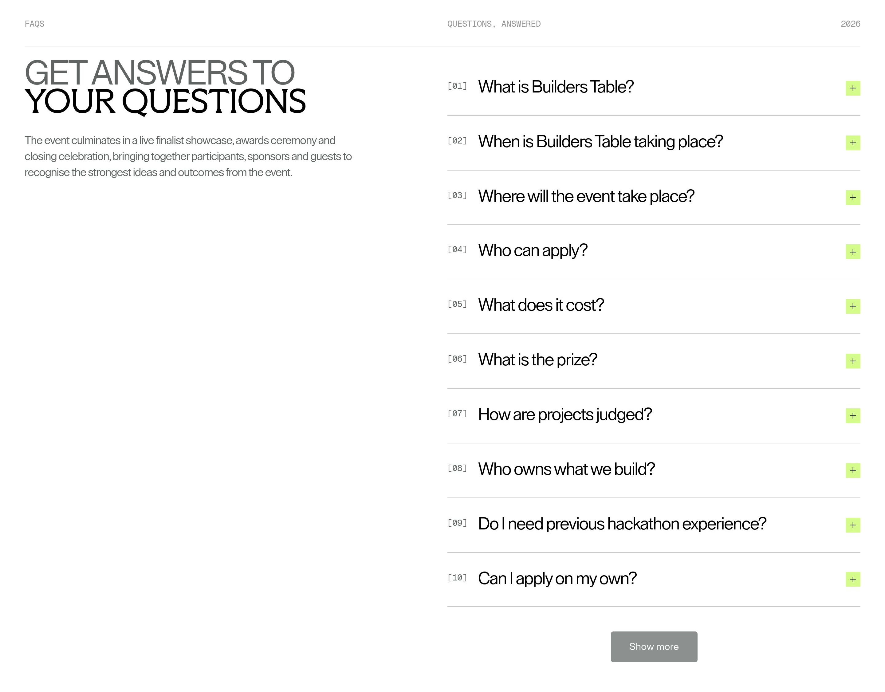 Builders Table FAQ: oversized Get Answers headline left, numbered questions 01–10 with lime plus icons right.