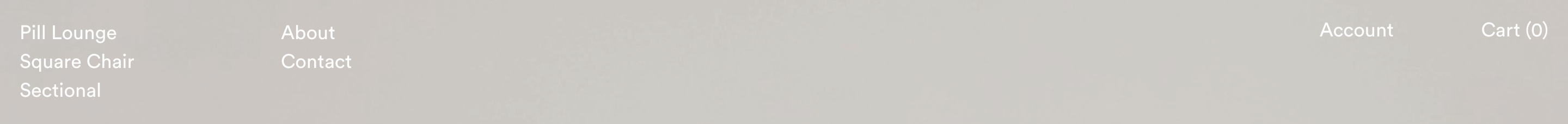 Stereo Furniture header with stacked product links, About, Contact, Account, and Cart on a pale gray bar