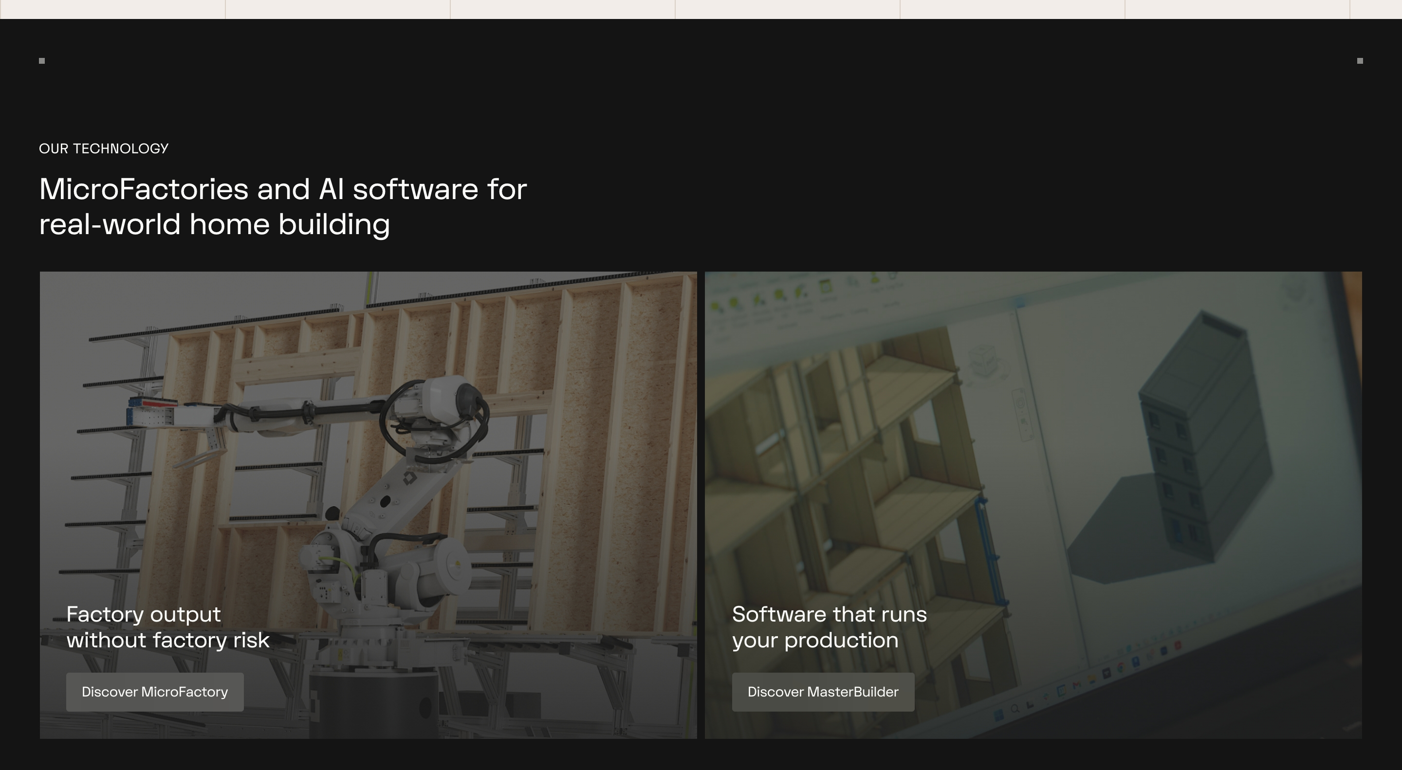 Automated Architecture technology section with two dark photo cards for MicroFactory robotics and MasterBuilder software.