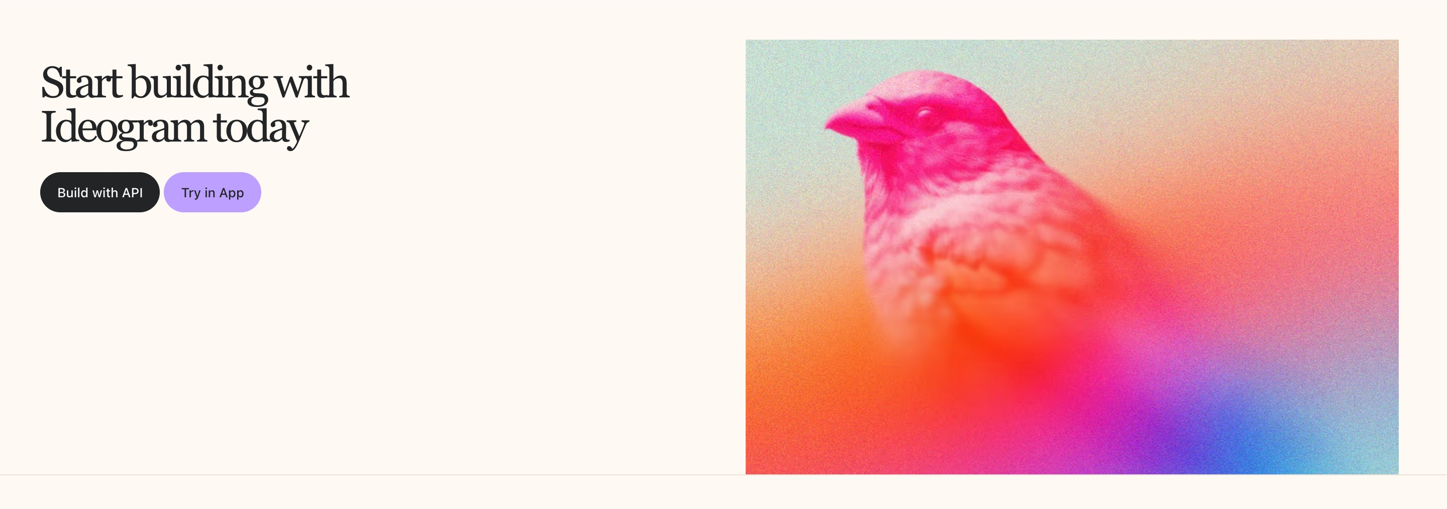 Ideogram final CTA with serif headline, two pill buttons, and a grainy neon bird image