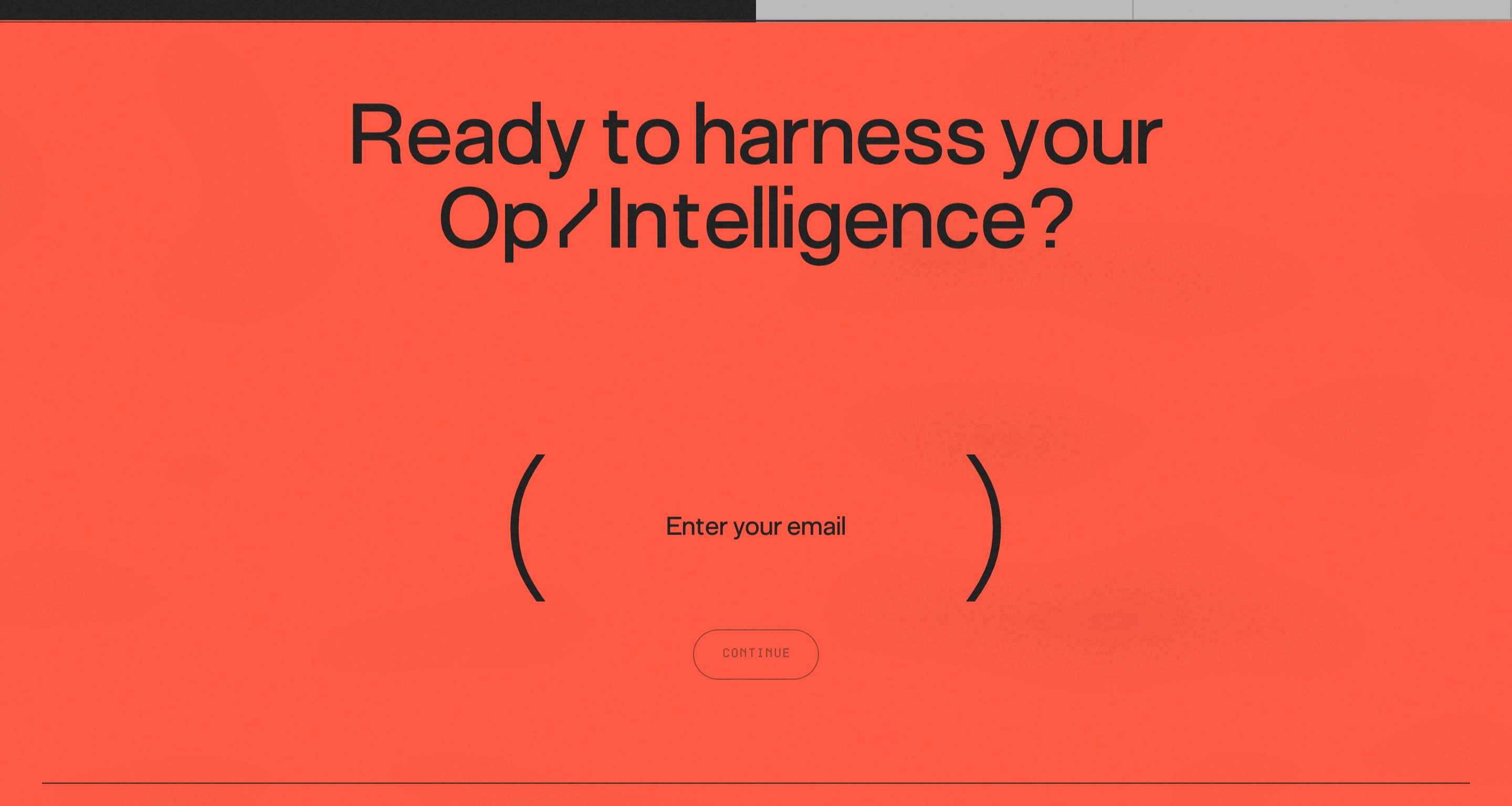 Shift5 newsletter CTA on coral: large Op/Intelligence headline, parenthesized email field, Continue button