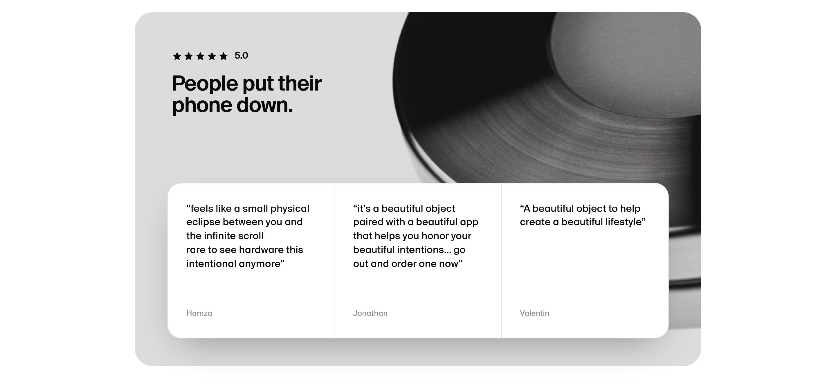 Norma testimonials with 5.0 rating, headline, steel disc photo, and three named customer quotes