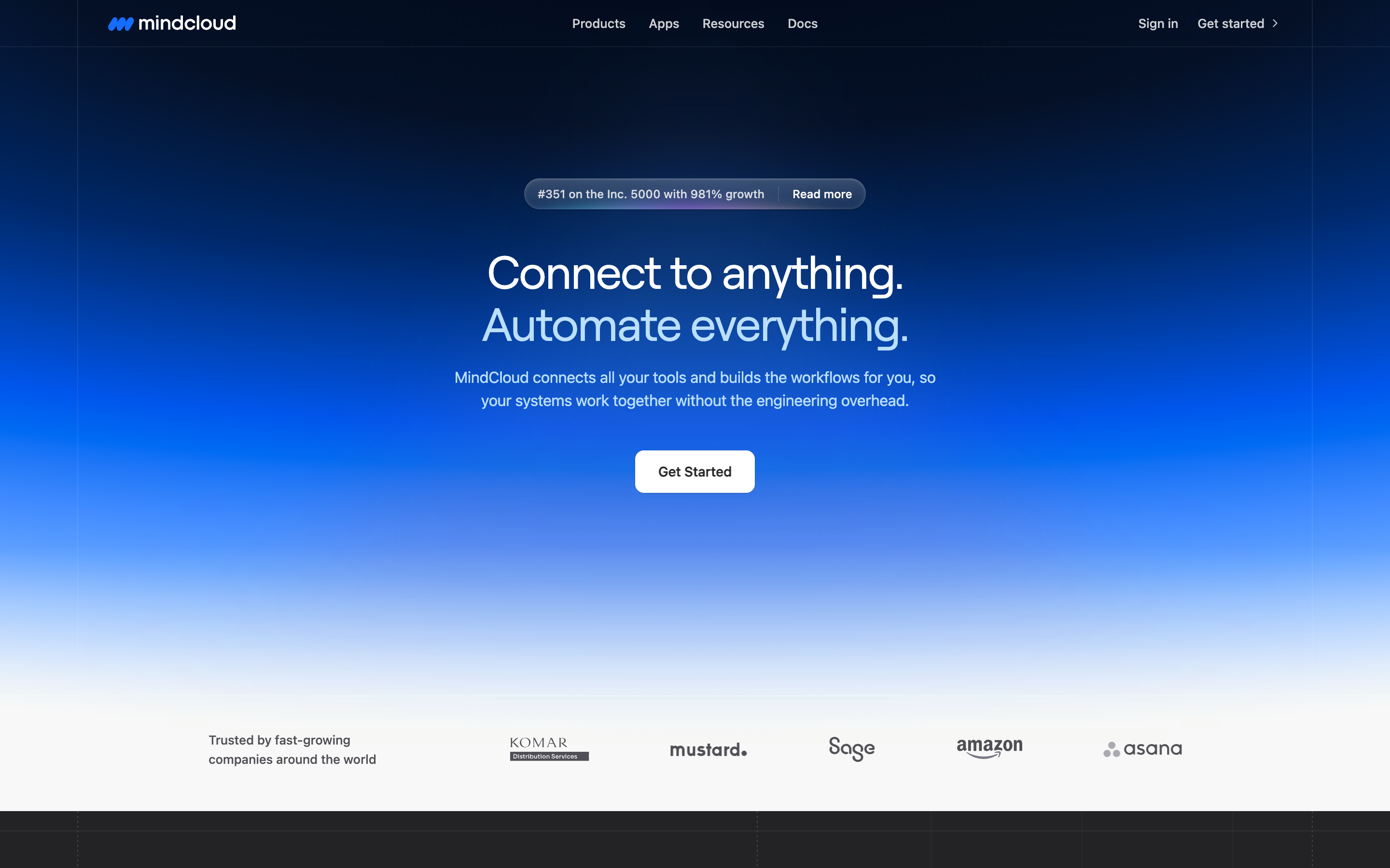 MindCloud hero: blue gradient, Connect to anything headline, Get Started button, and partner logos