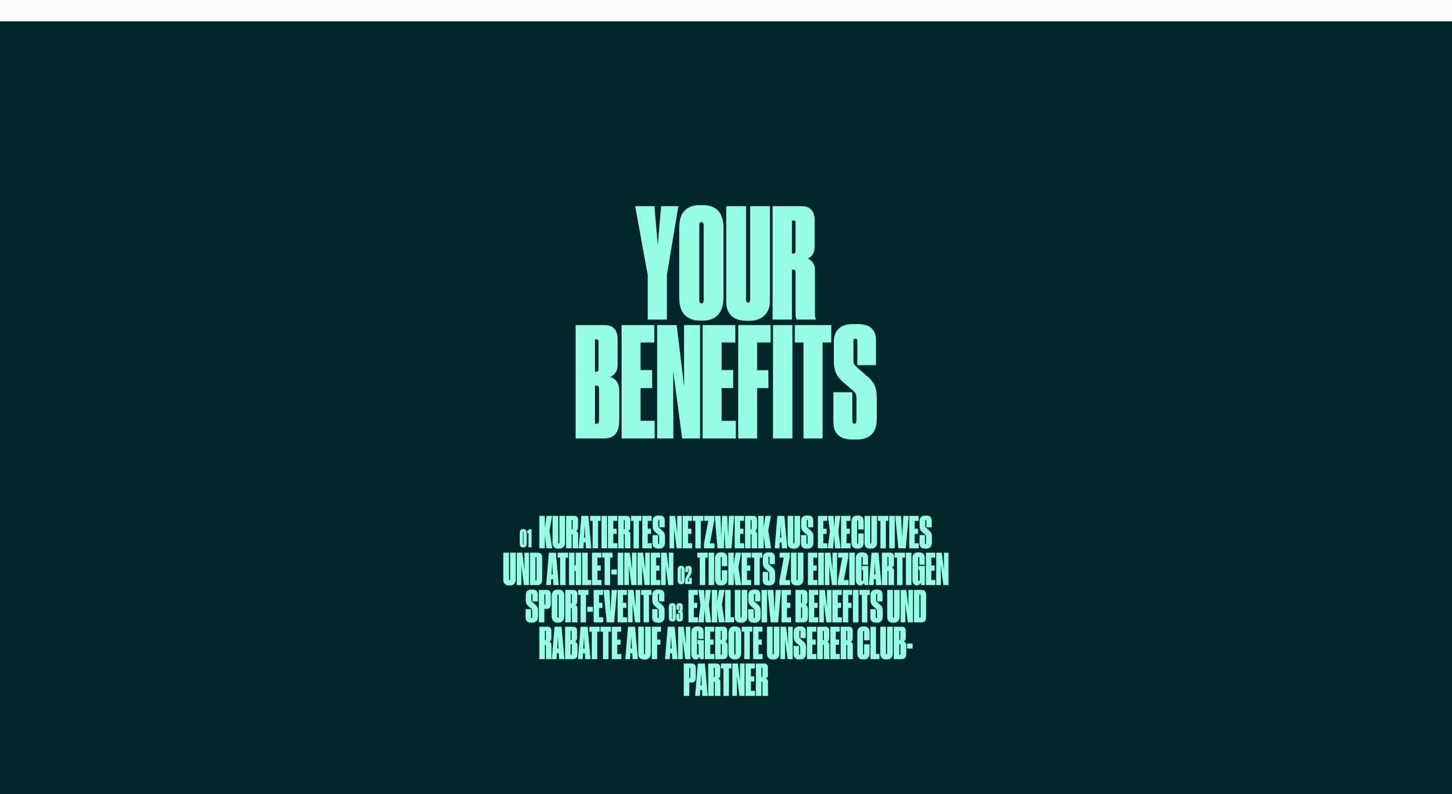 Champions for Good Club benefits section: oversized mint YOUR BENEFITS title and numbered perks on dark teal