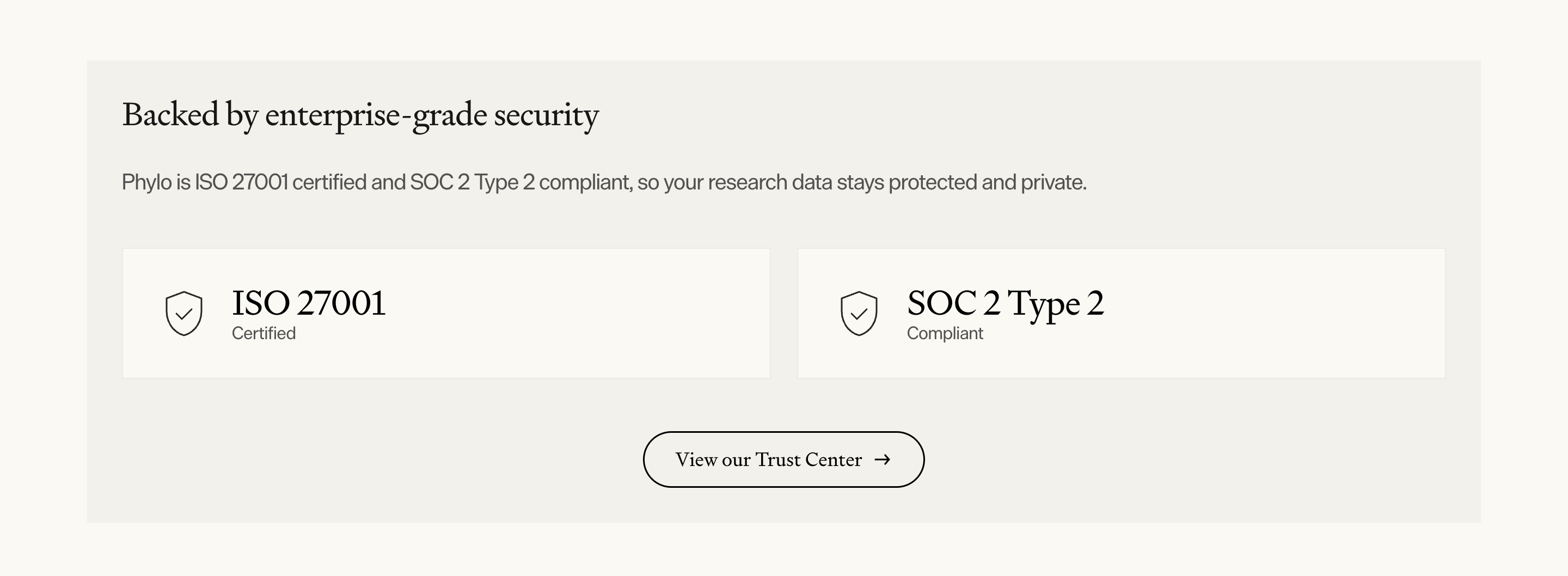 Phylo security certifications section with ISO 27001 and SOC 2 Type 2 cards and a Trust Center button