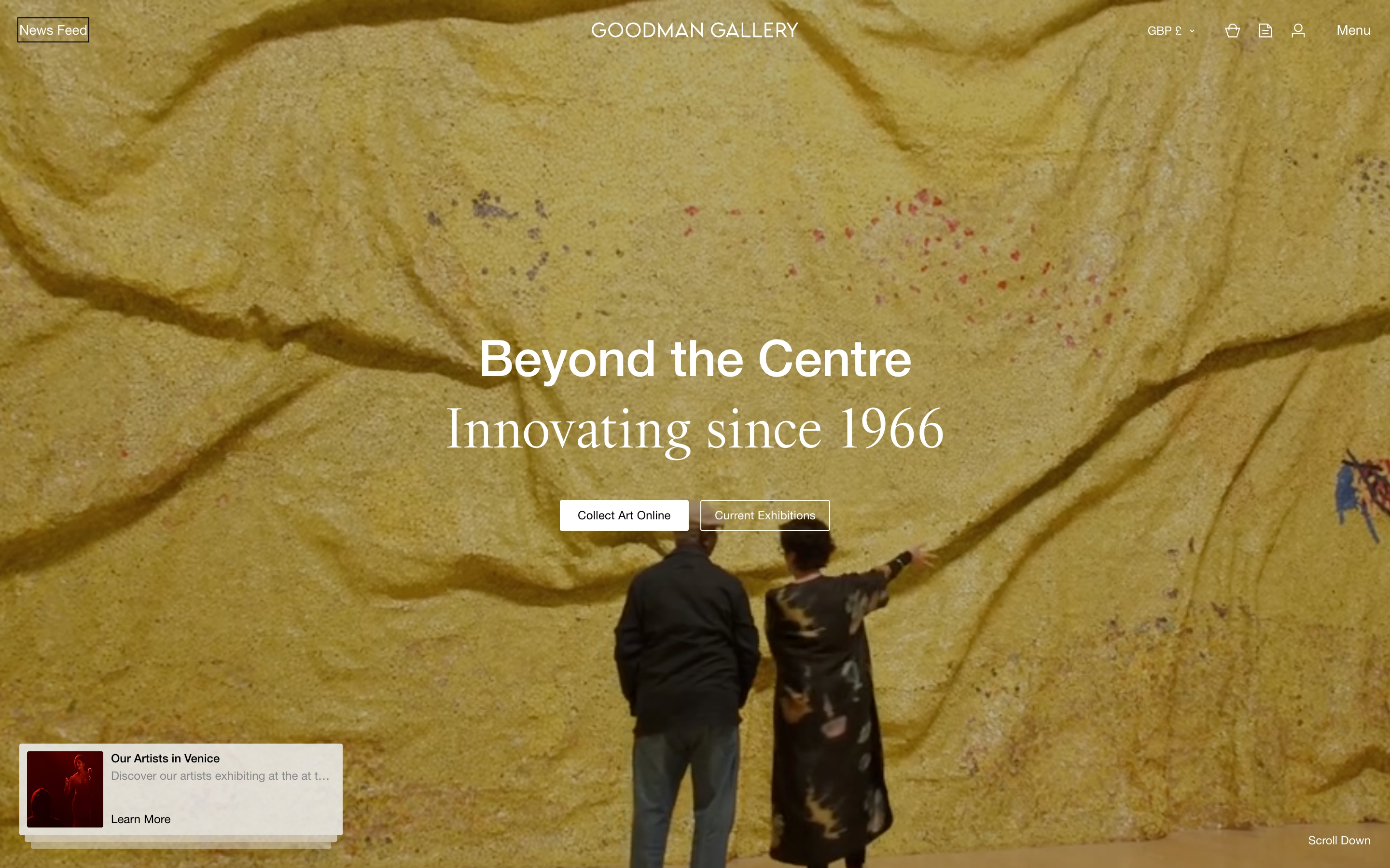 Goodman Gallery hero: two viewers before a yellow wall, Beyond the Centre headline, dual CTAs and Venice card