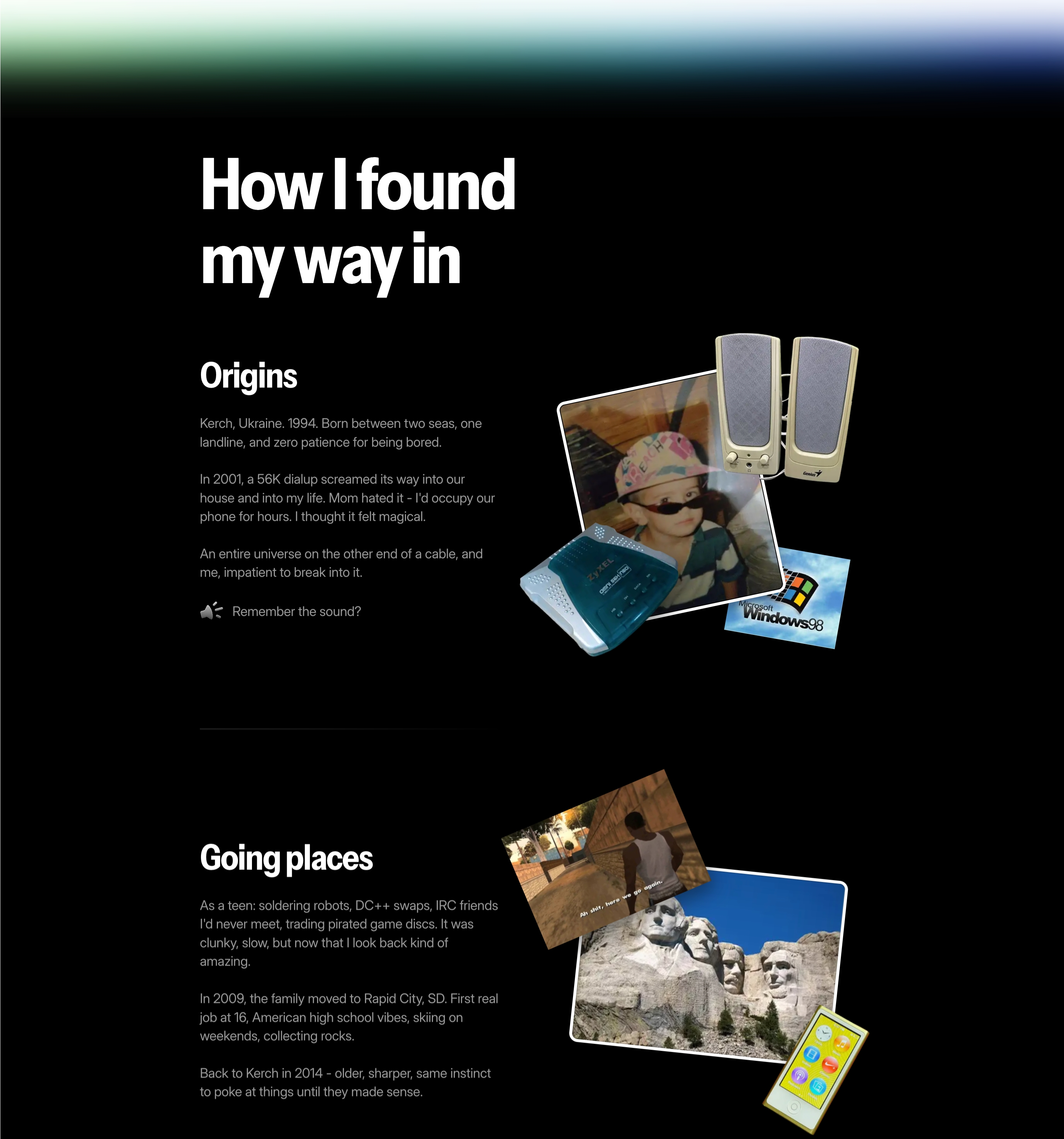Artem Astakhov personal history section with How I found my way in, Origins collage, and Going places photos.