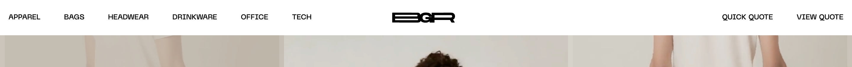 Banger header with category links, centered BGR logo, and quote actions above a pale fashion photo.