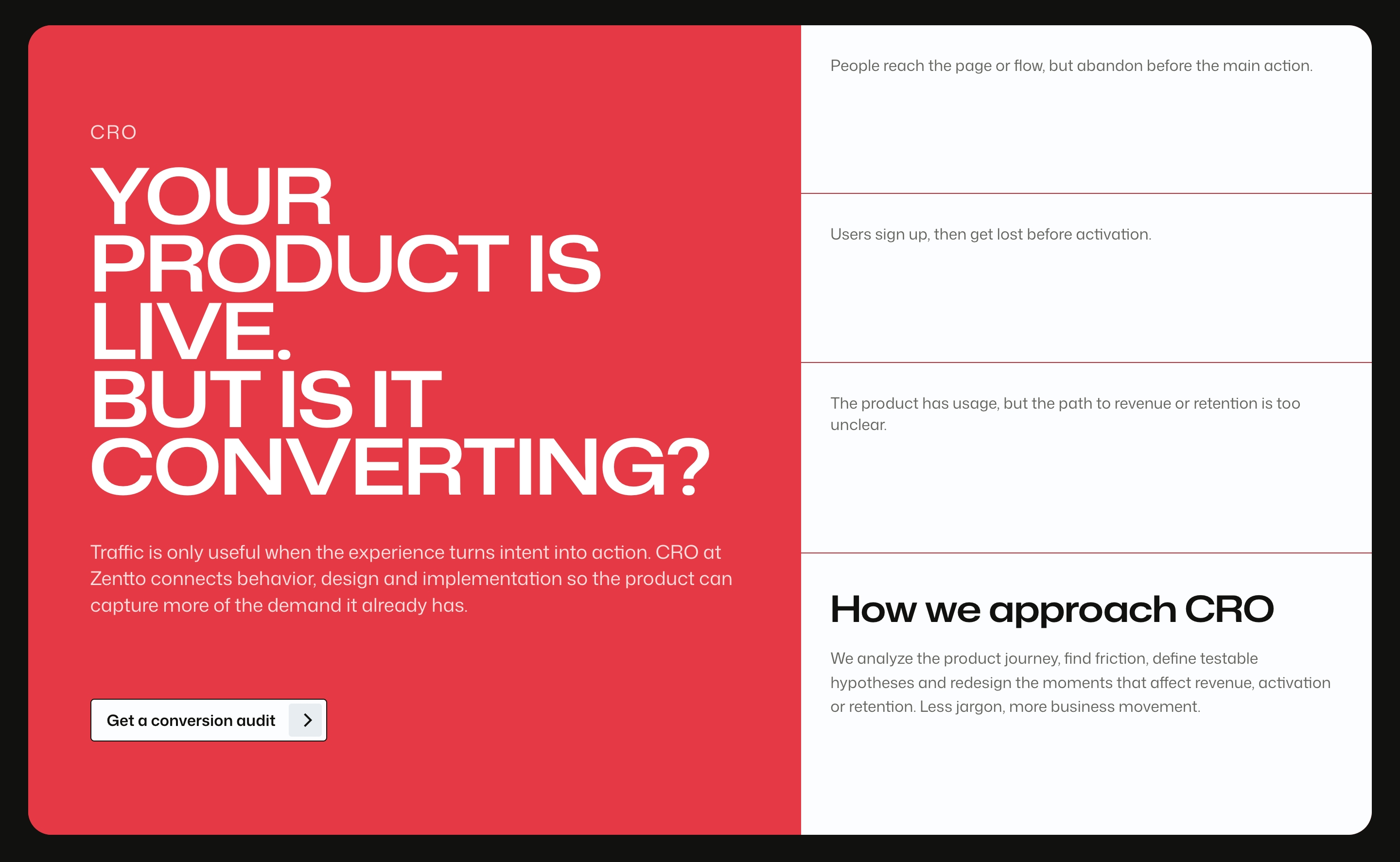 Zentto CRO section: red headline asking if a live product converts, audit button, and three problem statements.