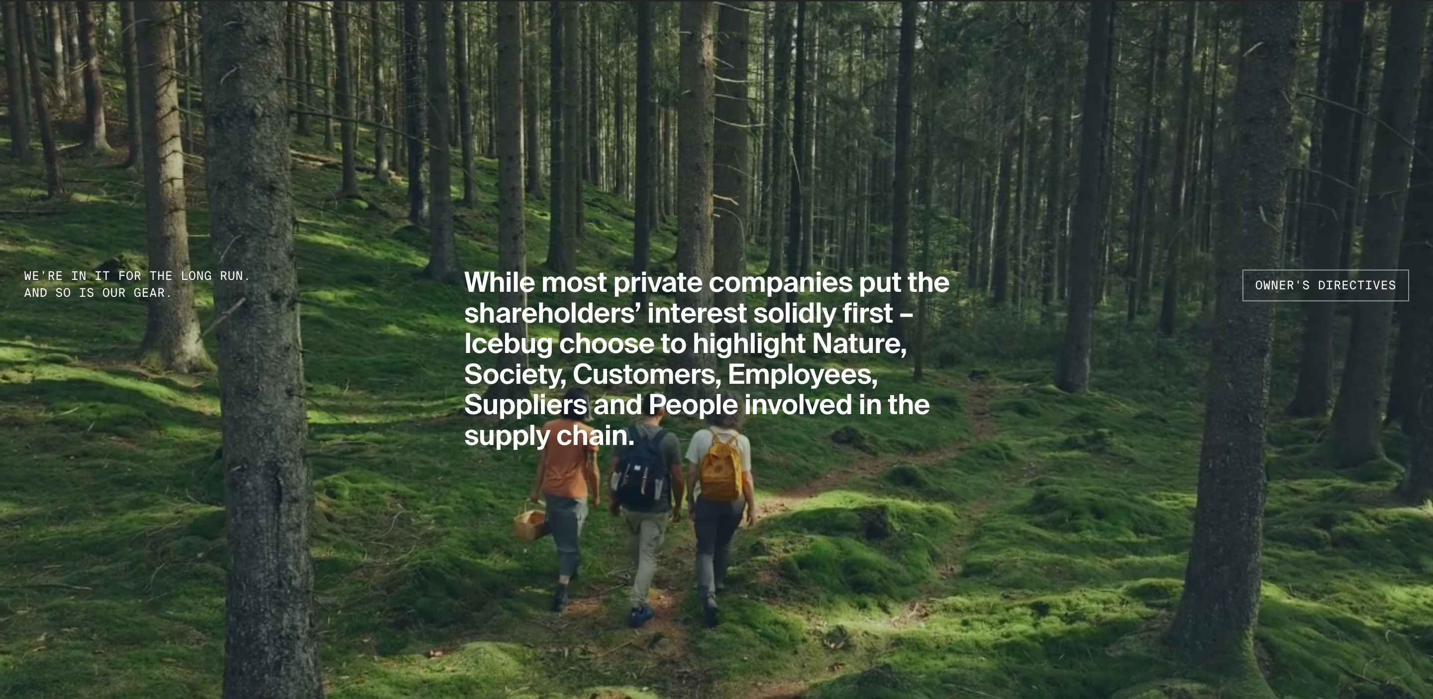 Icebug mission section: white values copy over three hikers on a mossy forest trail