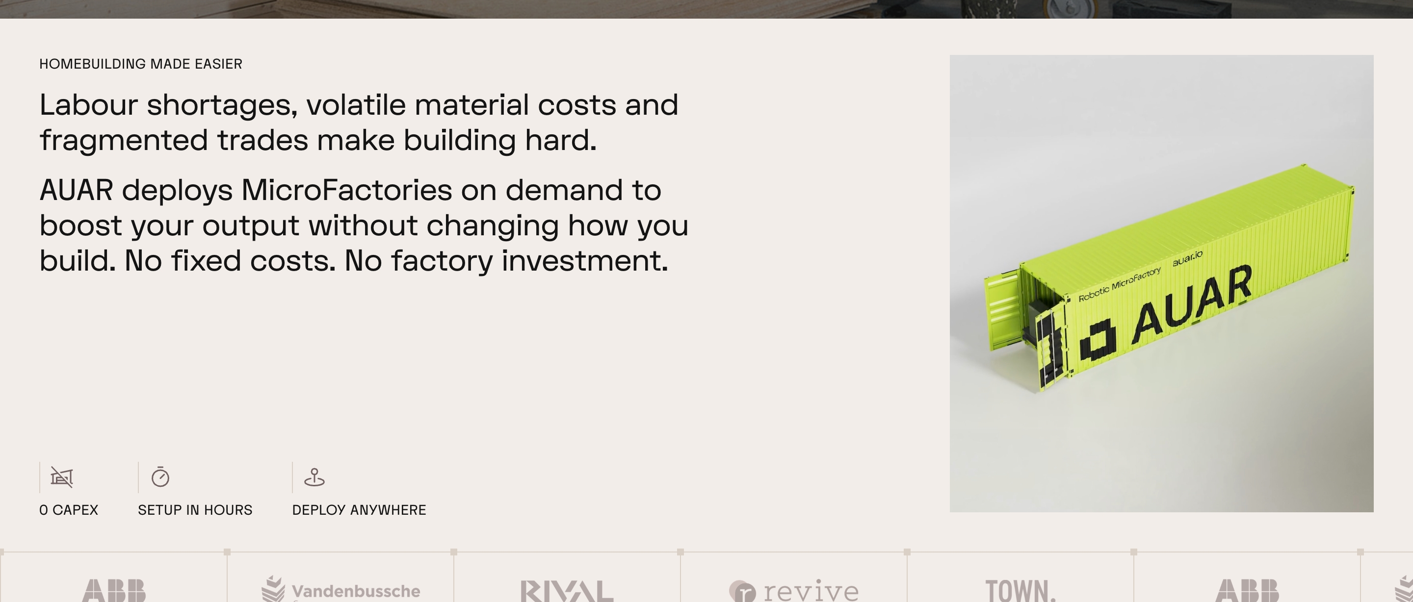 Automated Architecture value section: cream two-column copy, three benefit icons, and a lime AUAR MicroFactory render.