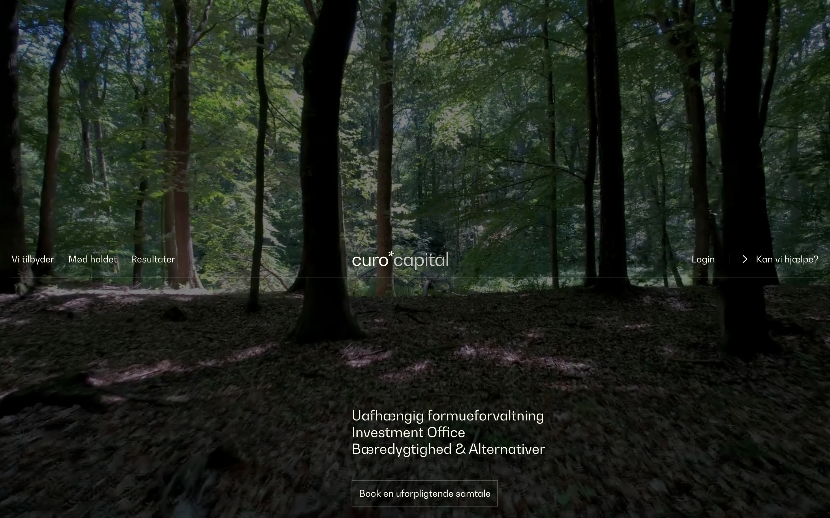 Curo Capital hero: dark forest photo, mid-screen nav, stacked service headlines, and booking button
