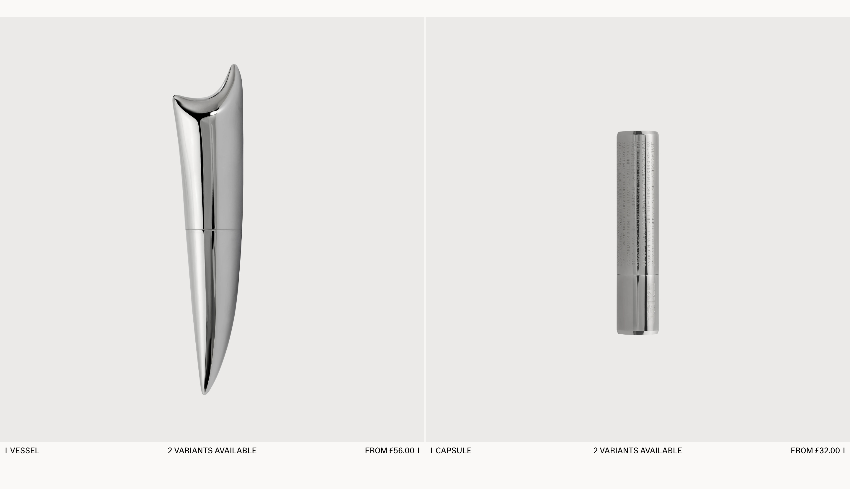 Exist product catalogue showing chrome Vessel and Capsule in a split-screen layout on a light gray background