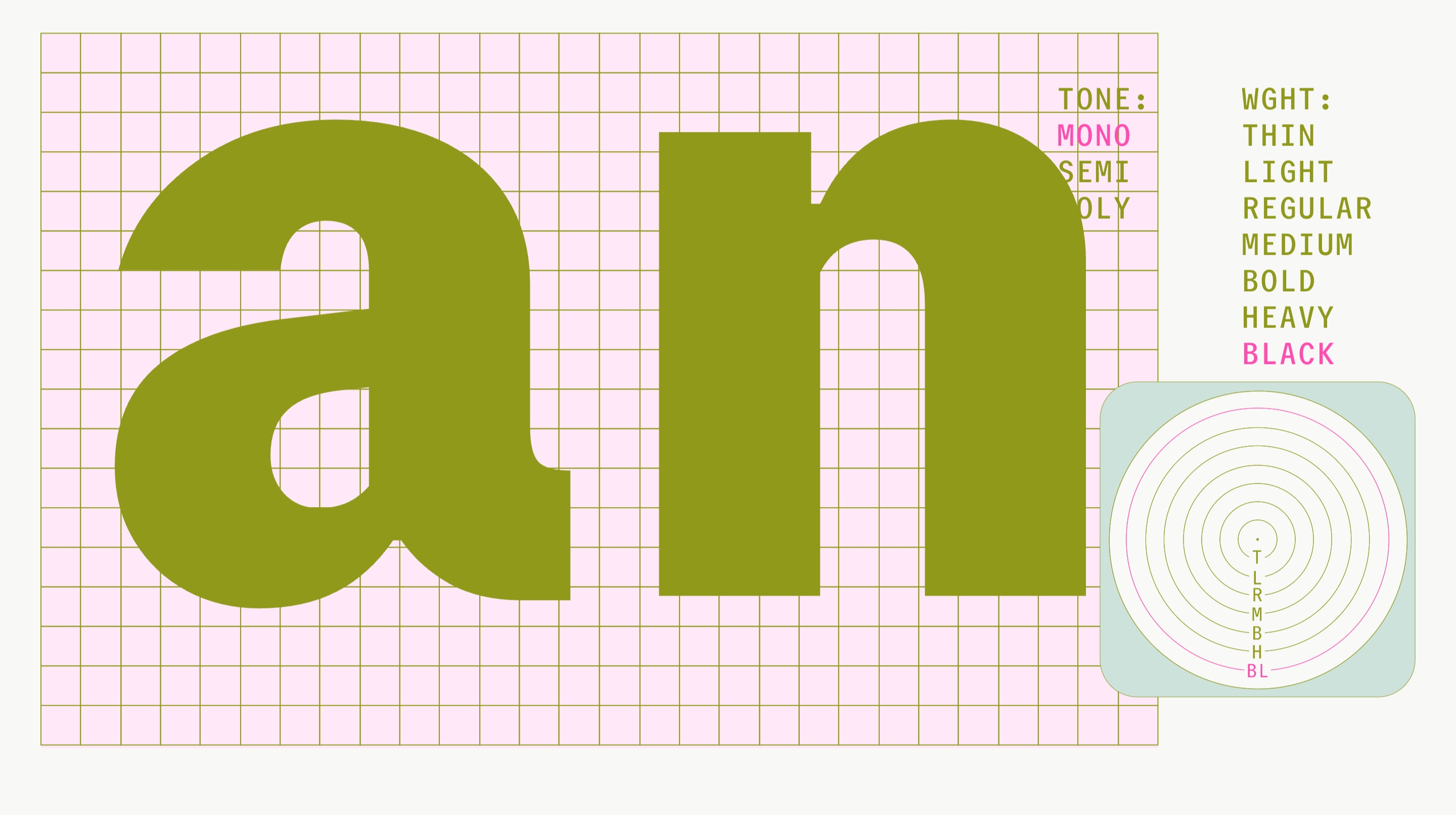 GT Mechanik specimen: oversized olive an on a pink unit grid, magenta axis labels, and concentric weight rings